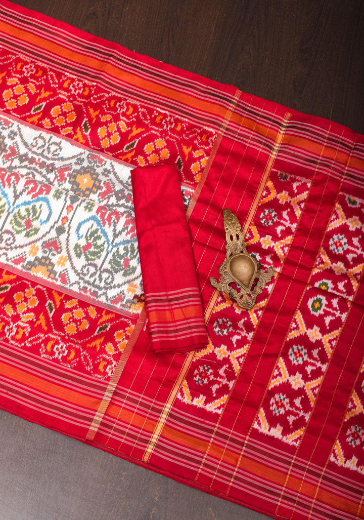 White Pure Silk Saree with Intricate Ikkat patterns and Contrast Red Border | SILK MARK CERTIFIED