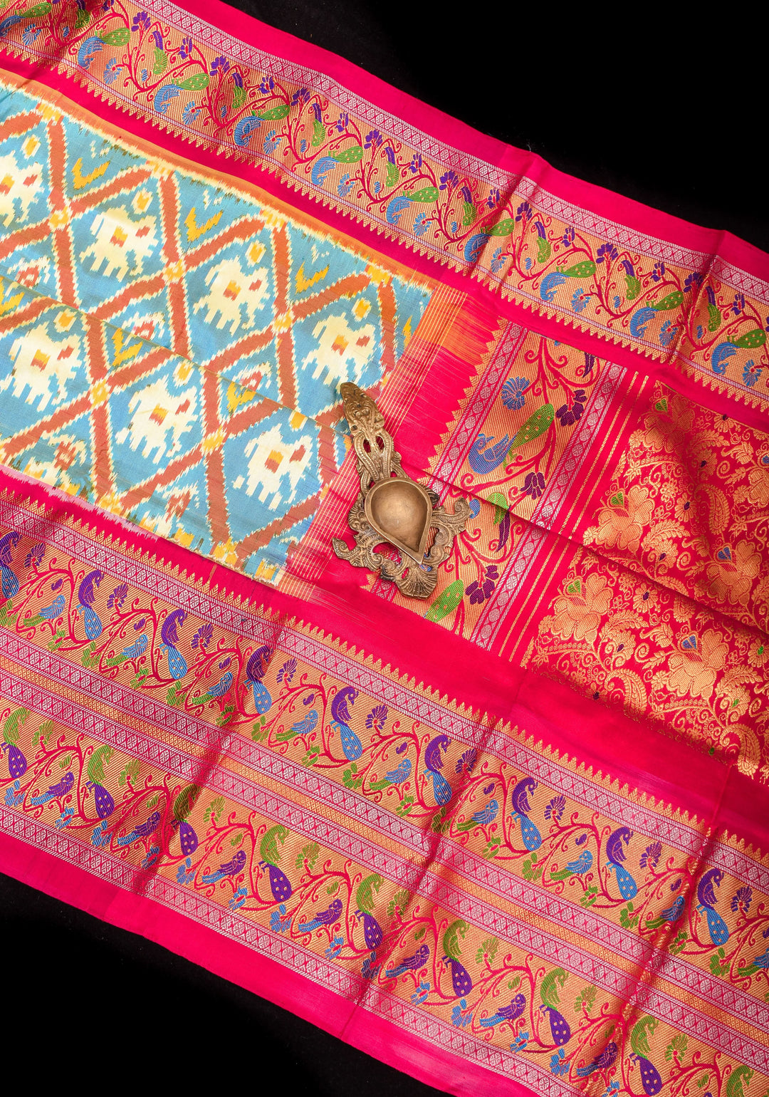 Exquisite Ikkat Patola Kanjivaram Saree with Paithani Style Wide Border | SILK MARK CERTIFIED