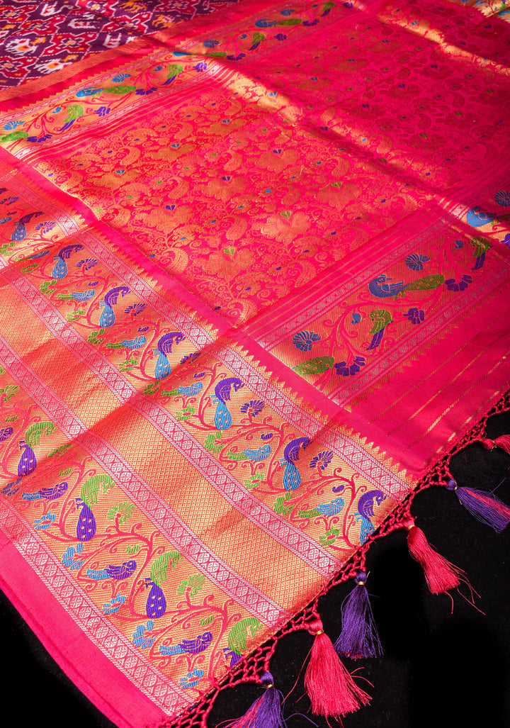 Purple Tone Exquisite Ikkat Patola Kanjivaram Saree with Paithani Style Wide Border | SILK MARK CERTIFIED
