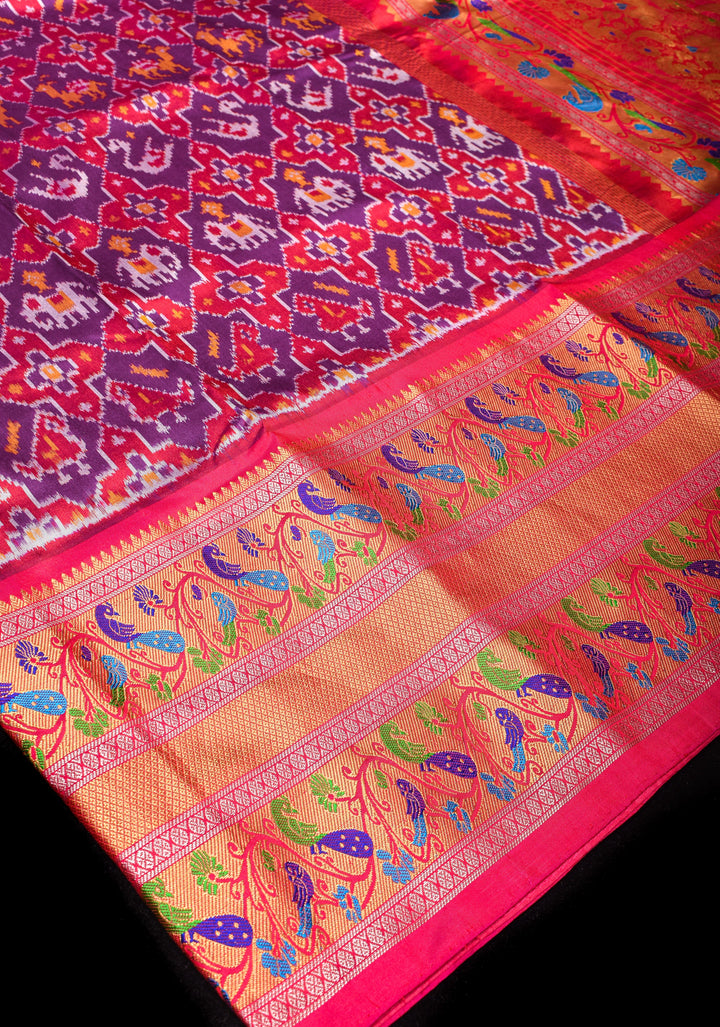 Purple Tone Exquisite Ikkat Patola Kanjivaram Saree with Paithani Style Wide Border | SILK MARK CERTIFIED