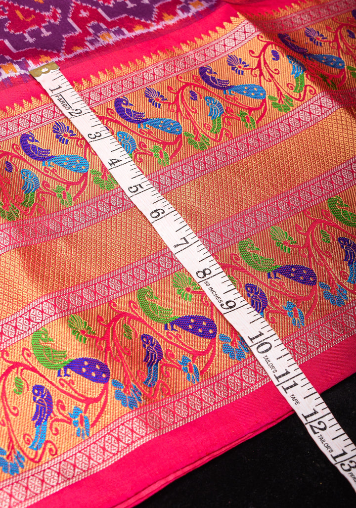 Purple Tone Exquisite Ikkat Patola Kanjivaram Saree with Paithani Style Wide Border | SILK MARK CERTIFIED