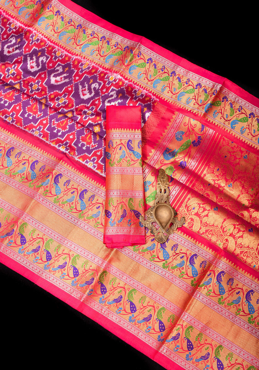 Purple Tone Exquisite Ikkat Patola Kanjivaram Saree with Paithani Style Wide Border | SILK MARK CERTIFIED