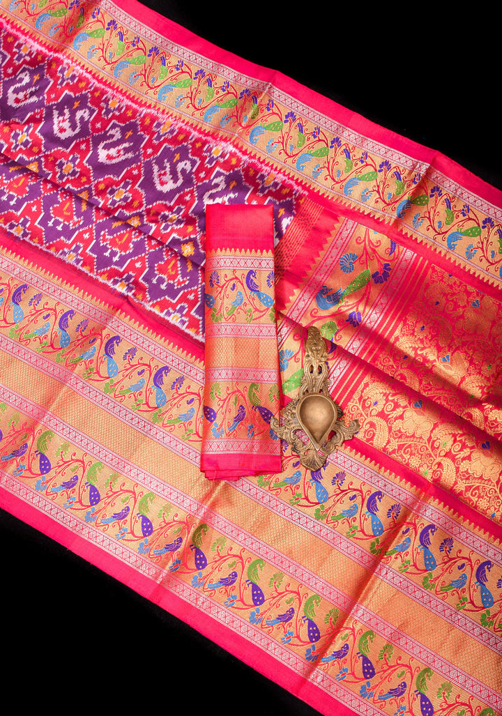 Purple Tone Exquisite Ikkat Patola Kanjivaram Saree with Paithani Style Wide Border | SILK MARK CERTIFIED