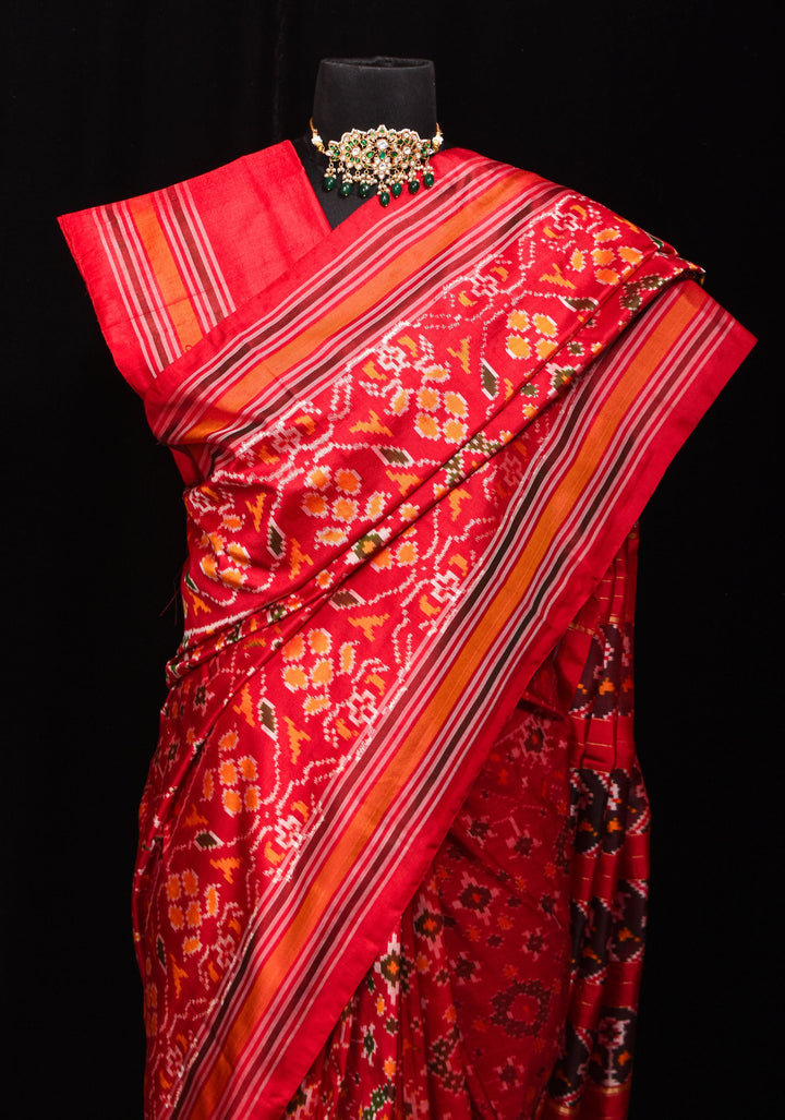 Ikkat Patola Design Pure Silk Pochampalli Saree in Red  | SILK MARK CERTIFIED