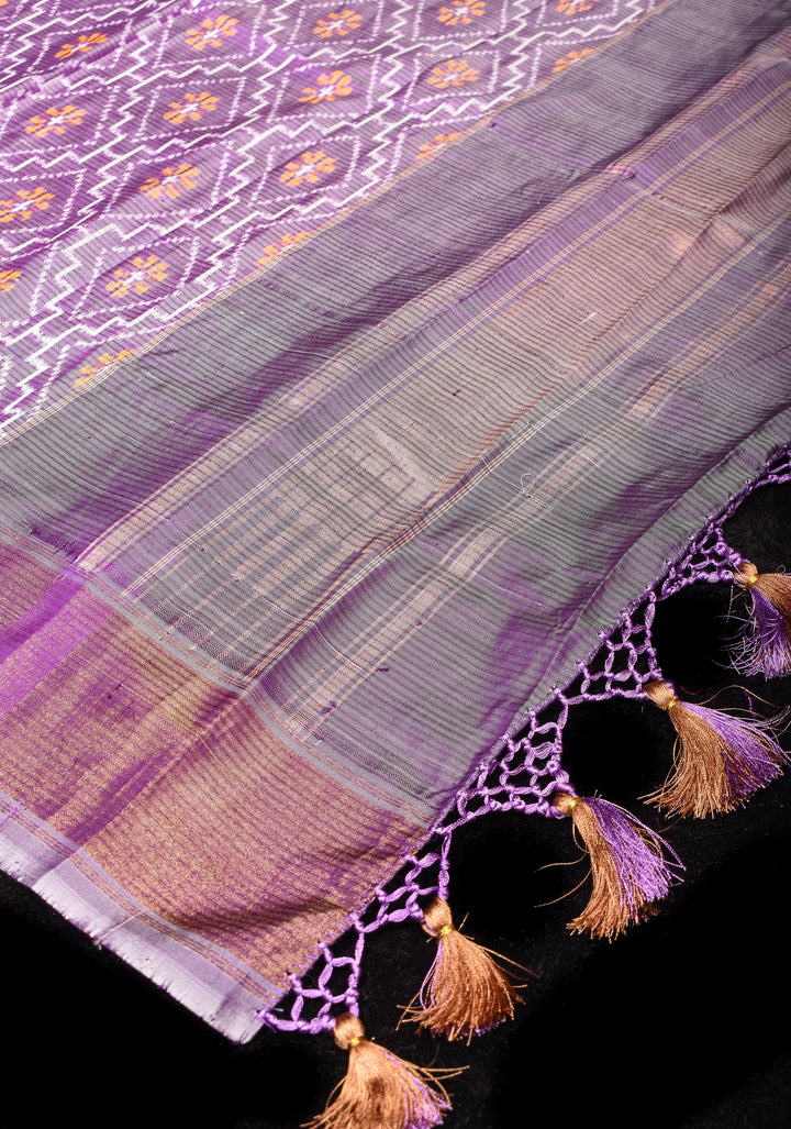 Dupatta: Lilac and Mustard  Ikkat Patola Design Pure Silk Dupatta with dense handmade tassels I SILK MARK CERTIFIED