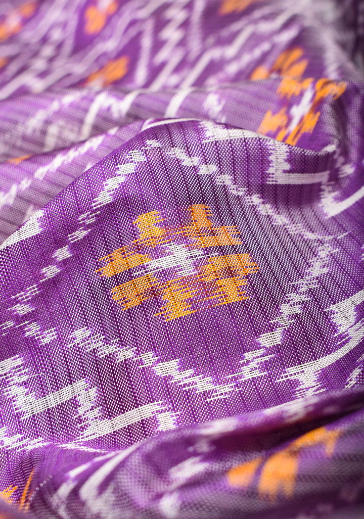 Dupatta: Lilac and Mustard  Ikkat Patola Design Pure Silk Dupatta with dense handmade tassels I SILK MARK CERTIFIED