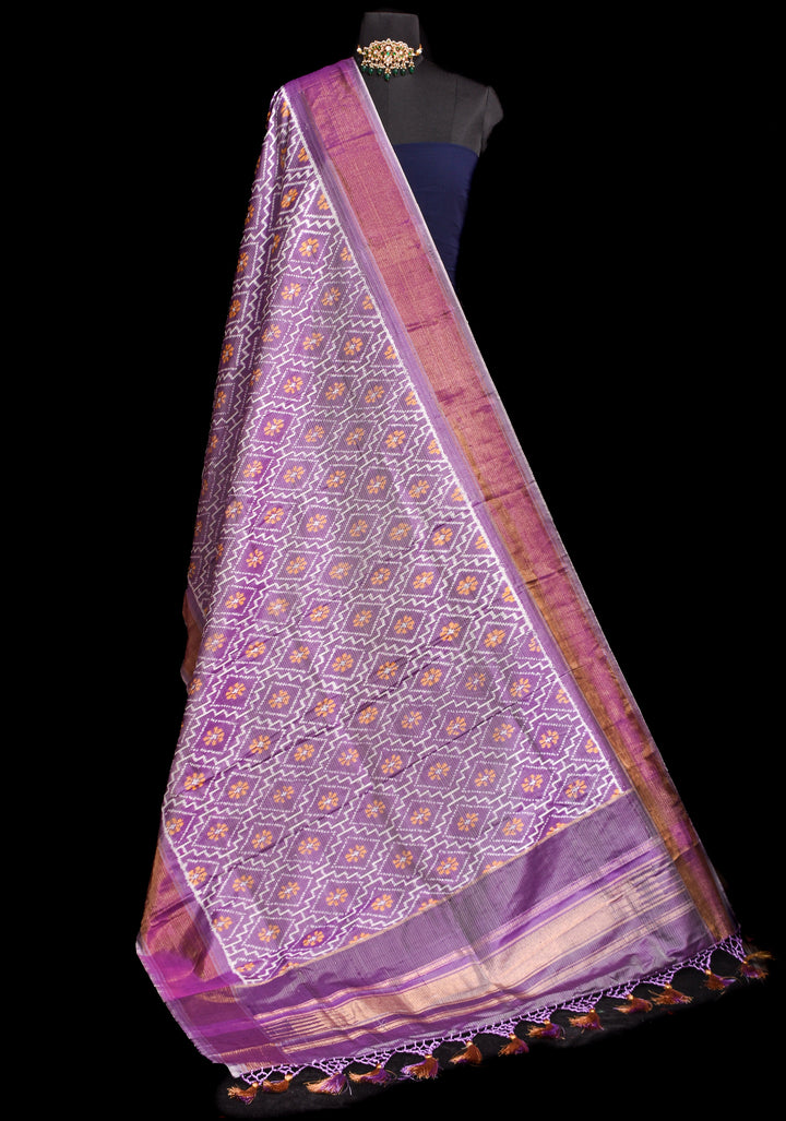 Dupatta: Lilac and Mustard  Ikkat Patola Design Pure Silk Dupatta with dense handmade tassels I SILK MARK CERTIFIED