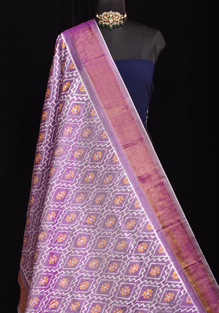 Dupatta: Lilac and Mustard  Ikkat Patola Design Pure Silk Dupatta with dense handmade tassels I SILK MARK CERTIFIED