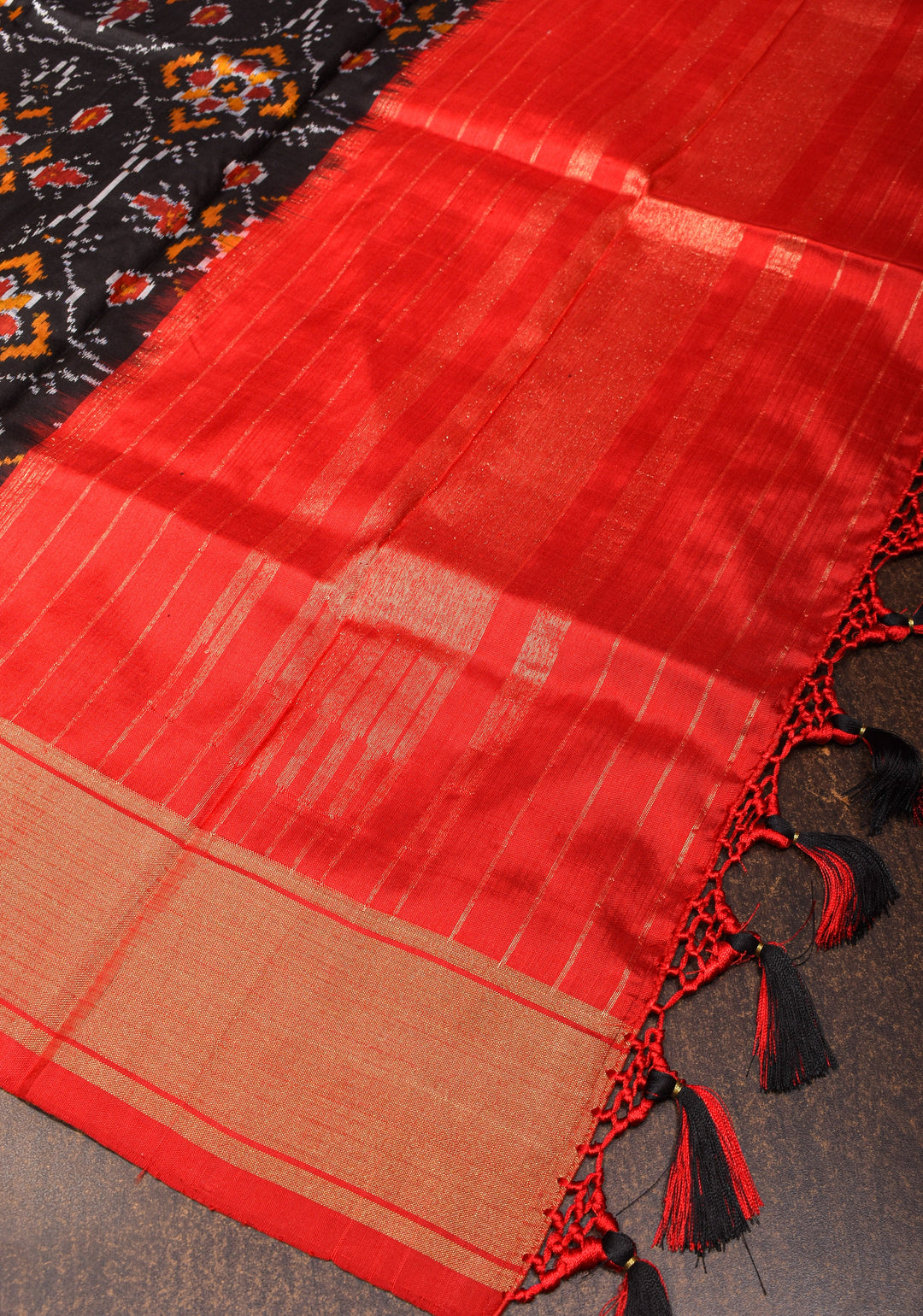 Dupatta : Black Ikkat Patola Design Pure Silk Dupatta with handmade tassels | SILK MARK CERTIFIED | SHOBITAM