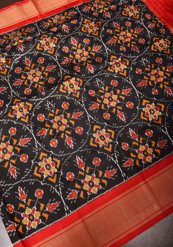 Dupatta : Black Ikkat Patola Design Pure Silk Dupatta with handmade tassels | SILK MARK CERTIFIED | SHOBITAM