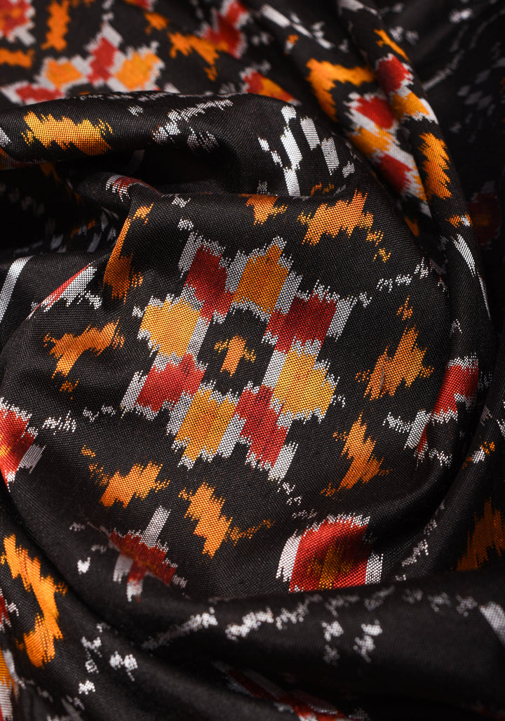 Dupatta : Black Ikkat Patola Design Pure Silk Dupatta with handmade tassels | SILK MARK CERTIFIED | SHOBITAM