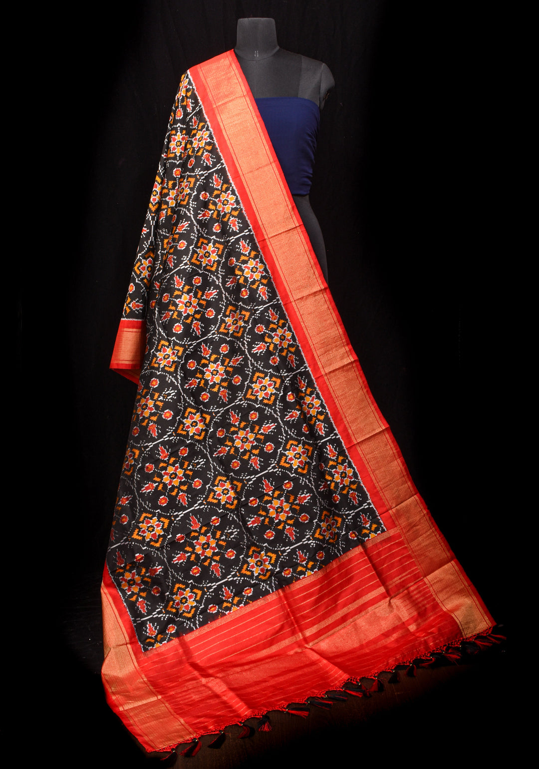 Dupatta : Black Ikkat Patola Design Pure Silk Dupatta with handmade tassels | SILK MARK CERTIFIED | SHOBITAM