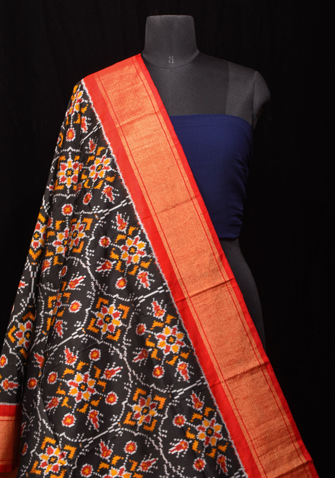 Dupatta : Black Ikkat Patola Design Pure Silk Dupatta with handmade tassels | SILK MARK CERTIFIED | SHOBITAM