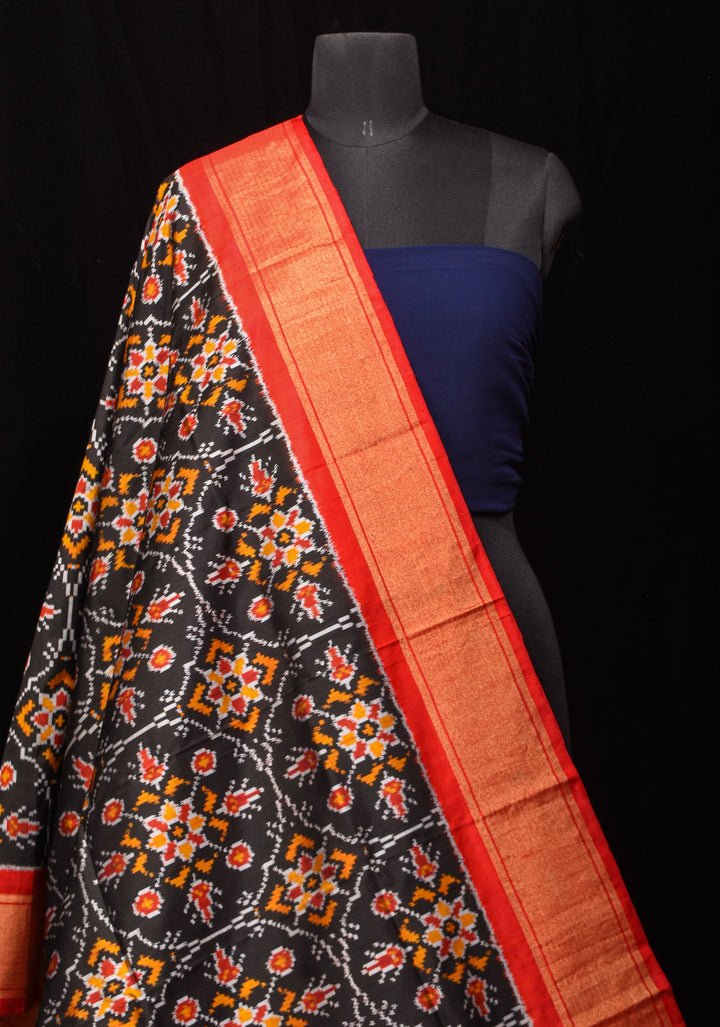 Dupatta : Black Ikkat Patola Design Pure Silk Dupatta with handmade tassels | SILK MARK CERTIFIED | SHOBITAM