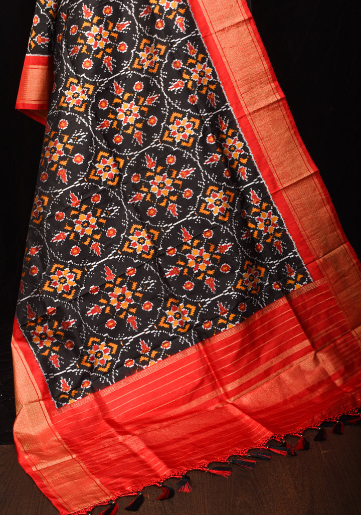 Dupatta : Black Ikkat Patola Design Pure Silk Dupatta with handmade tassels | SILK MARK CERTIFIED | SHOBITAM