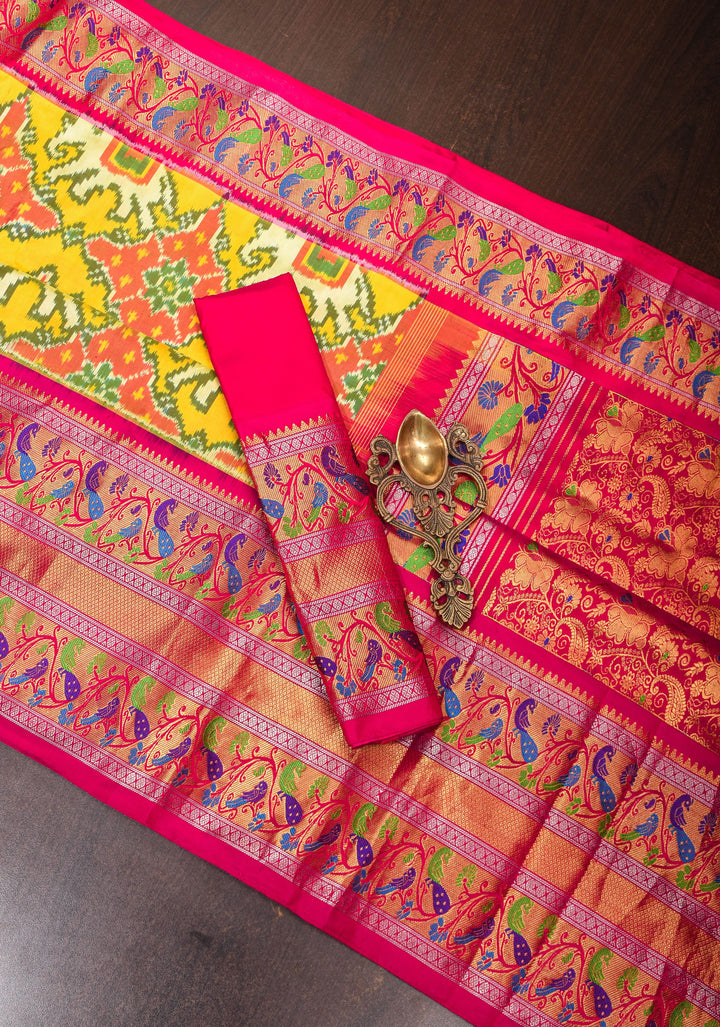 Ambari- Light Yellow Ikkat Patola Kanjivaram Saree with Paithani Border | SILK MARK CERTIFIED