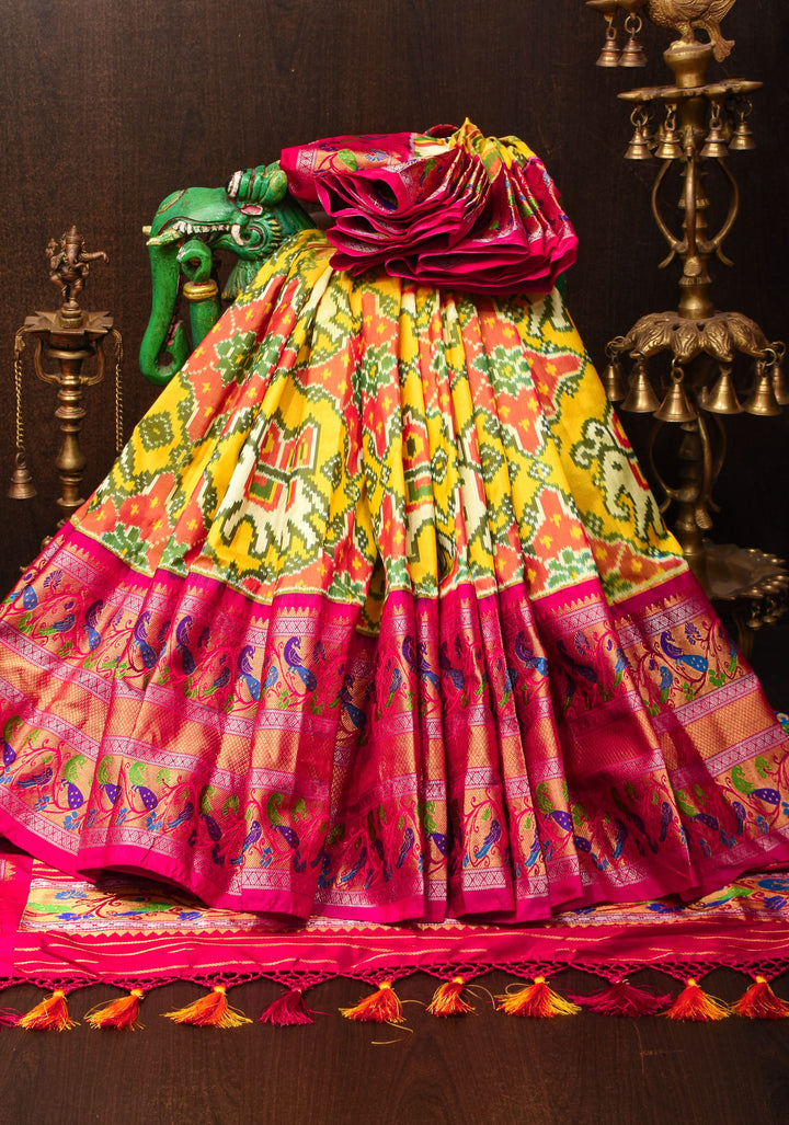 Ambari- Light Yellow Ikkat Patola Kanjivaram Saree with Paithani Border | SILK MARK CERTIFIED