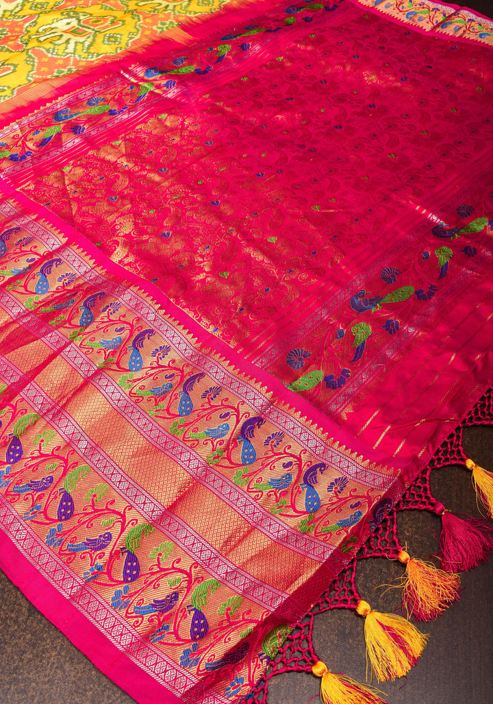 Ambari- Light Yellow Ikkat Patola Kanjivaram Saree with Paithani Border | SILK MARK CERTIFIED