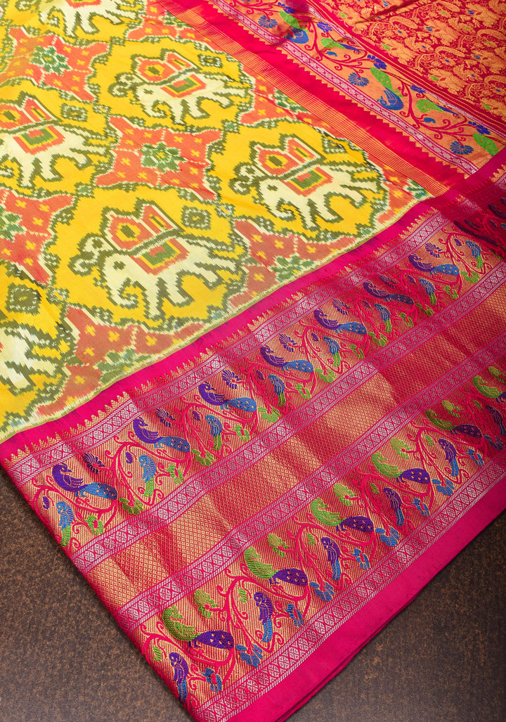 Ambari- Light Yellow Ikkat Patola Kanjivaram Saree with Paithani Border | SILK MARK CERTIFIED