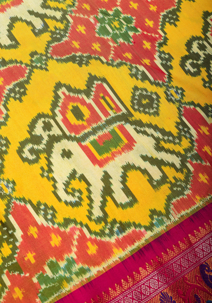 Ambari- Light Yellow Ikkat Patola Kanjivaram Saree with Paithani Border | SILK MARK CERTIFIED
