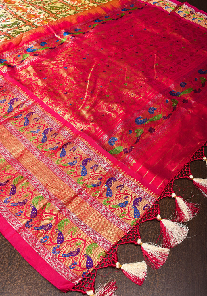 Cream Ikkat Patola Pure Silk Saree with Paithani Style Wide Meenakari Border| SILK MARK CERTIFIED