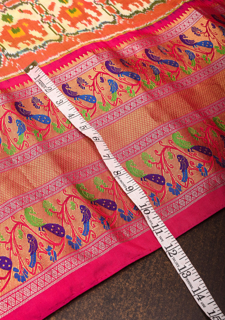 Cream Ikkat Patola Pure Silk Saree with Paithani Style Wide Meenakari Border| SILK MARK CERTIFIED