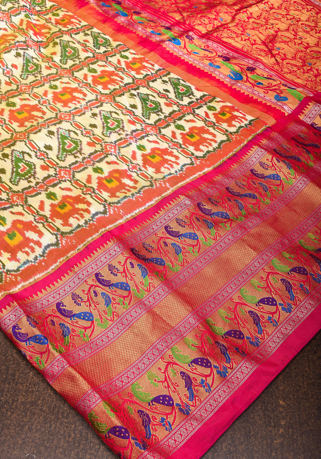 Cream Ikkat Patola Pure Silk Saree with Paithani Style Wide Meenakari Border| SILK MARK CERTIFIED