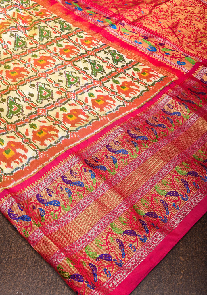 Cream Ikkat Patola Pure Silk Saree with Paithani Style Wide Meenakari Border| SILK MARK CERTIFIED