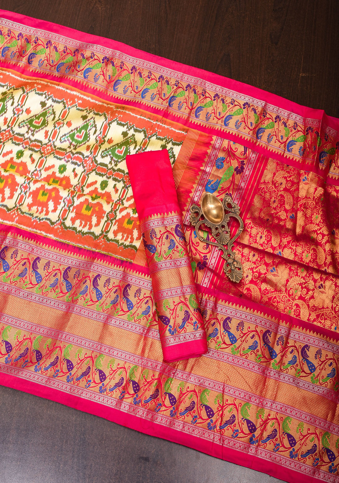 Cream Ikkat Patola Pure Silk Saree with Paithani Style Wide Meenakari Border| SILK MARK CERTIFIED
