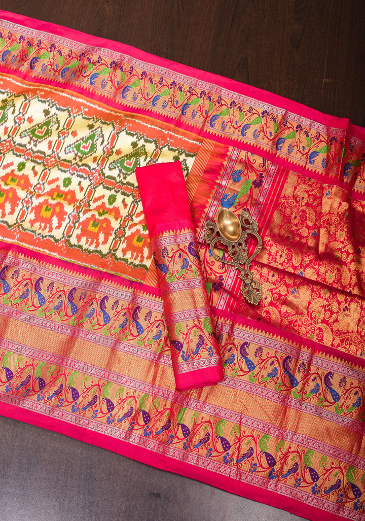 Cream Ikkat Patola Pure Silk Saree with Paithani Style Wide Meenakari Border| SILK MARK CERTIFIED