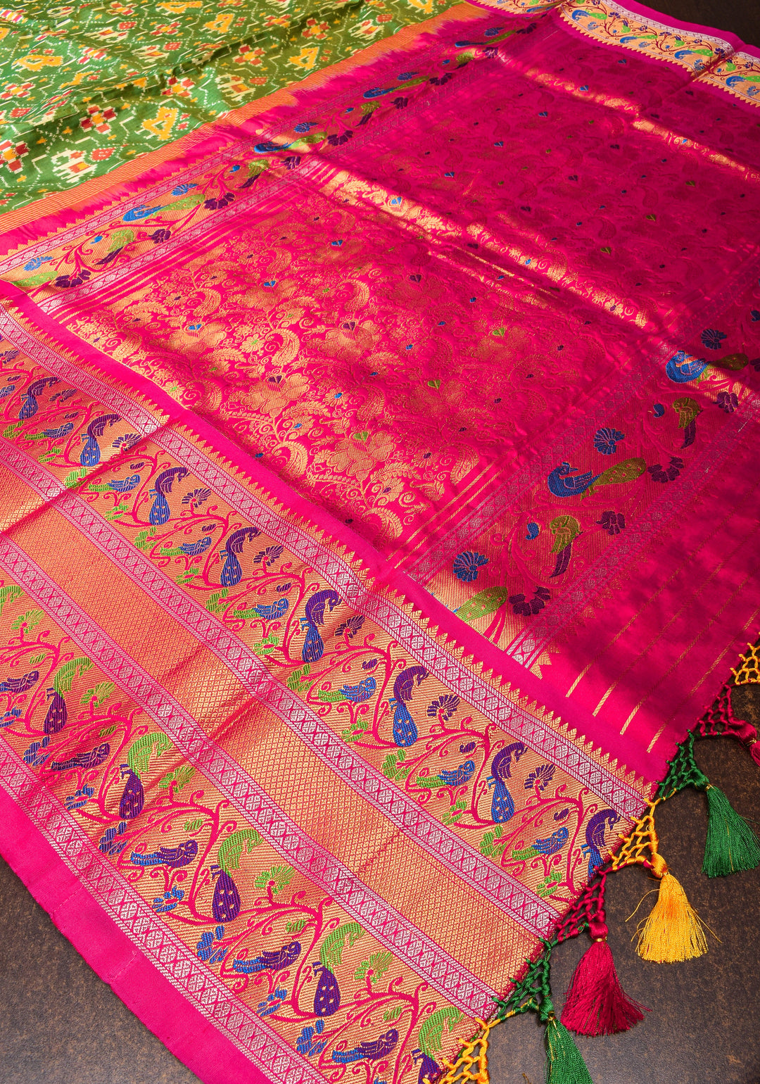 Green Ikkat Patola Kanjivaram Saree with Paithani Style Wide Zari Border | SILK MARK CERTIFIED
