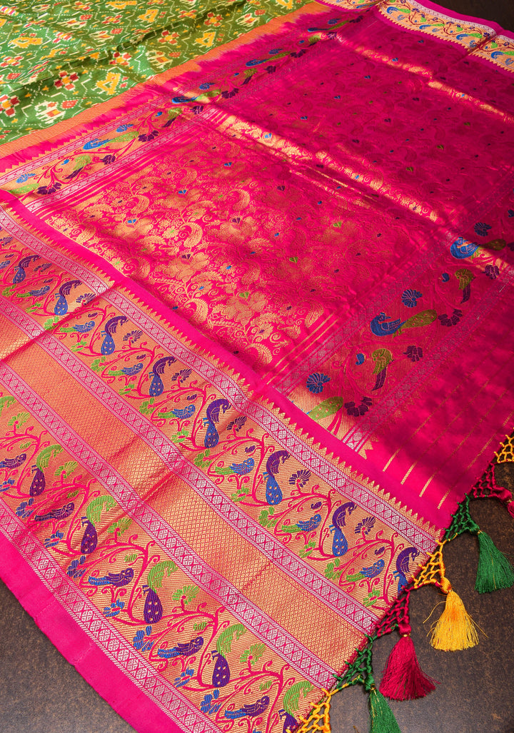 Green Ikkat Patola Kanjivaram Saree with Paithani Style Wide Zari Border | SILK MARK CERTIFIED
