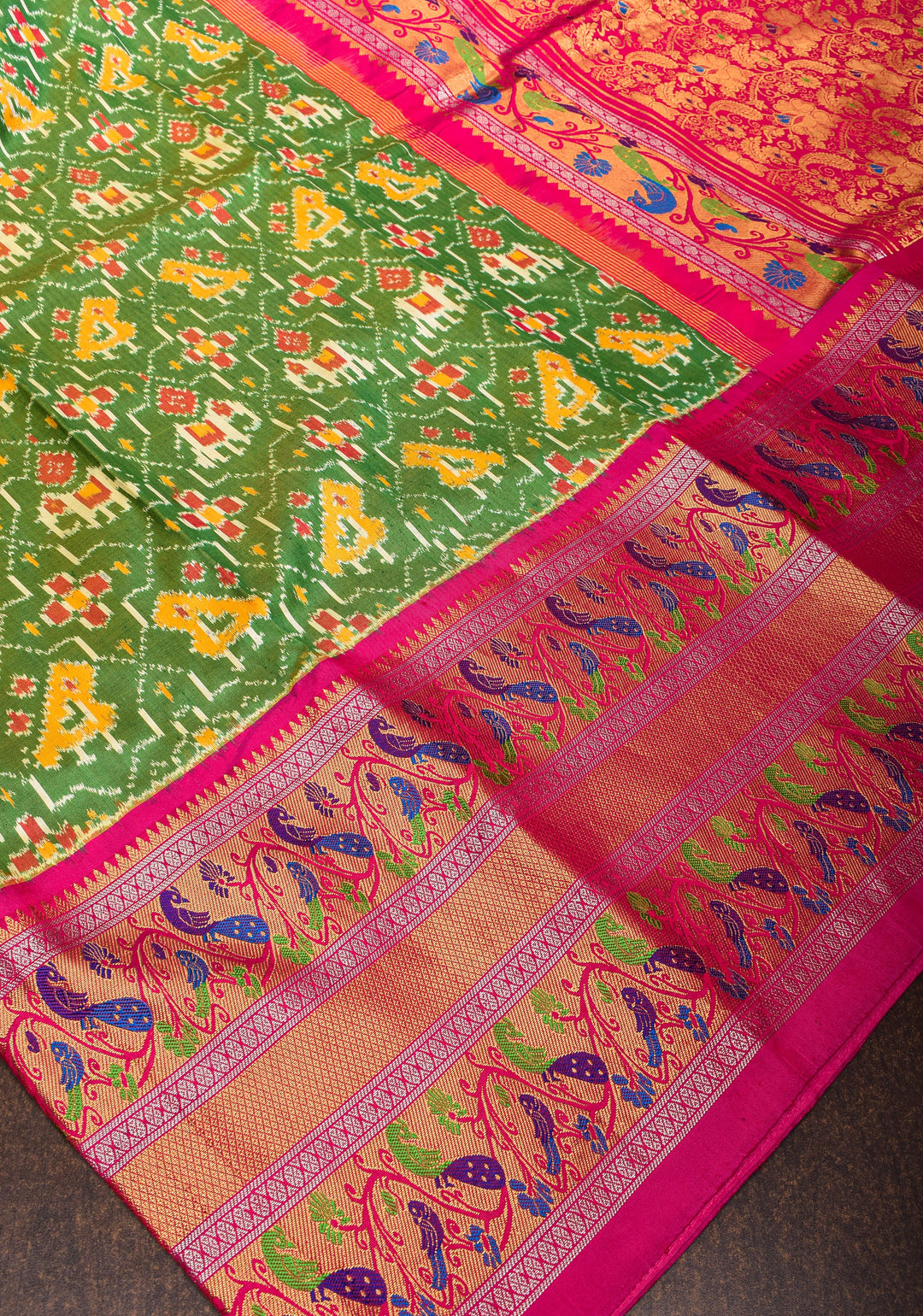 Green Ikkat Patola Kanjivaram Saree with Paithani Style Wide Zari Border | SILK MARK CERTIFIED
