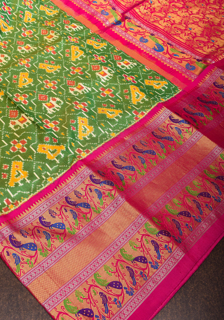 Green Ikkat Patola Kanjivaram Saree with Paithani Style Wide Zari Border | SILK MARK CERTIFIED