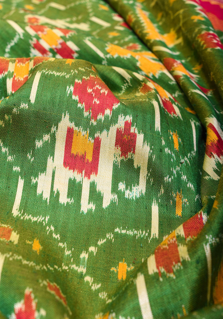 Green Ikkat Patola Kanjivaram Saree with Paithani Style Wide Zari Border | SILK MARK CERTIFIED