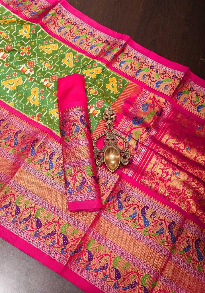 Green Ikkat Patola Kanjivaram Saree with Paithani Style Wide Zari Border | SILK MARK CERTIFIED