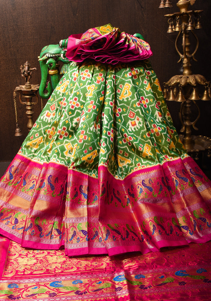 Green Ikkat Patola Kanjivaram Saree with Paithani Style Wide Zari Border | SILK MARK CERTIFIED