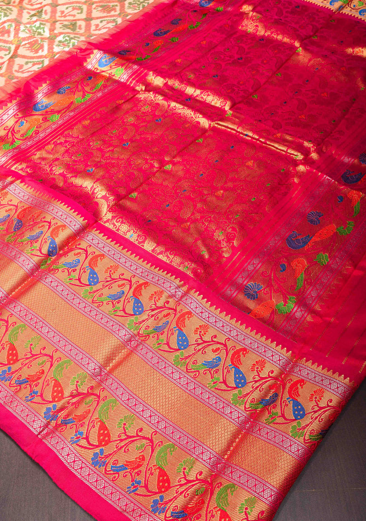 Off White Exquisite Ikkat Patola Kanjivaram Saree with Paithani Style Wide Zari Border | SILK MARK CERTIFIED