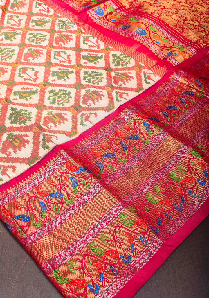 Off White Exquisite Ikkat Patola Kanjivaram Saree with Paithani Style Wide Zari Border | SILK MARK CERTIFIED