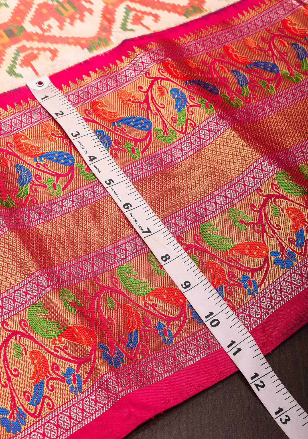 Off White Exquisite Ikkat Patola Kanjivaram Saree with Paithani Style Wide Zari Border | SILK MARK CERTIFIED