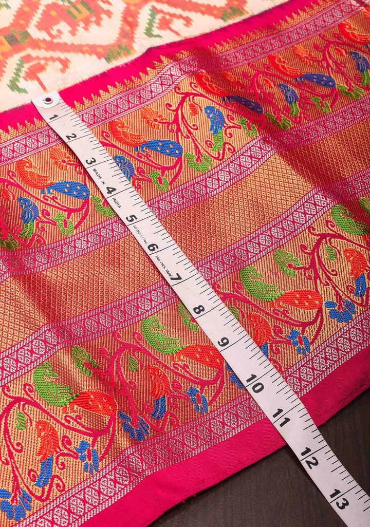 Off White Exquisite Ikkat Patola Kanjivaram Saree with Paithani Style Wide Zari Border | SILK MARK CERTIFIED