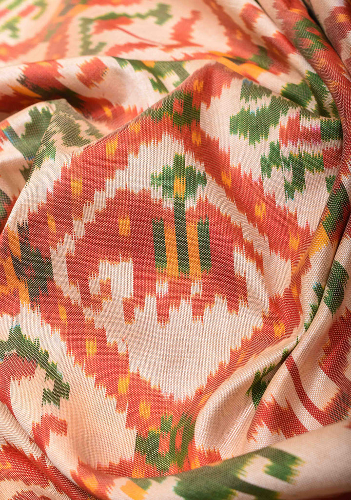 Off White Exquisite Ikkat Patola Kanjivaram Saree with Paithani Style Wide Zari Border | SILK MARK CERTIFIED