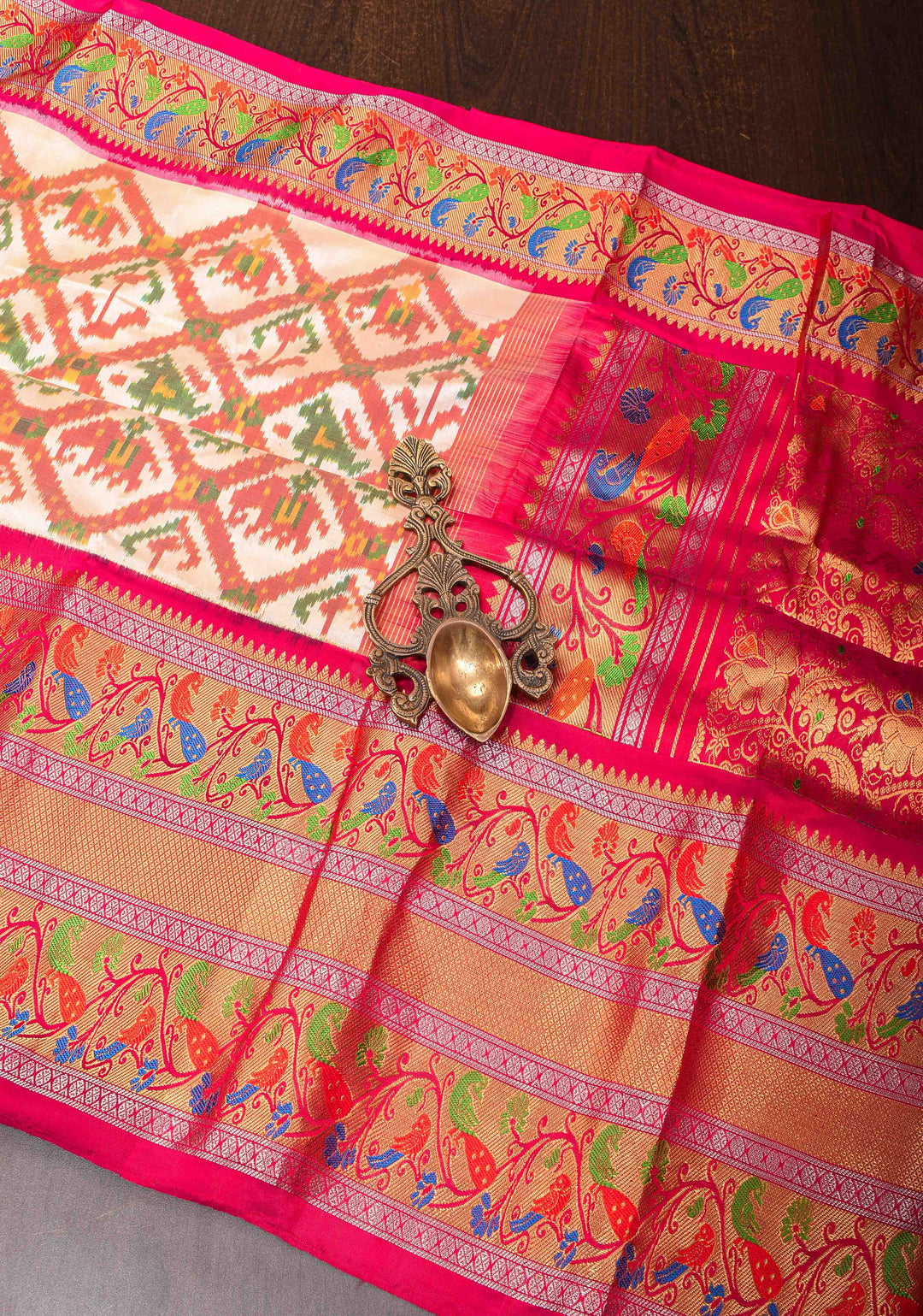 Off White Exquisite Ikkat Patola Kanjivaram Saree with Paithani Style Wide Zari Border | SILK MARK CERTIFIED