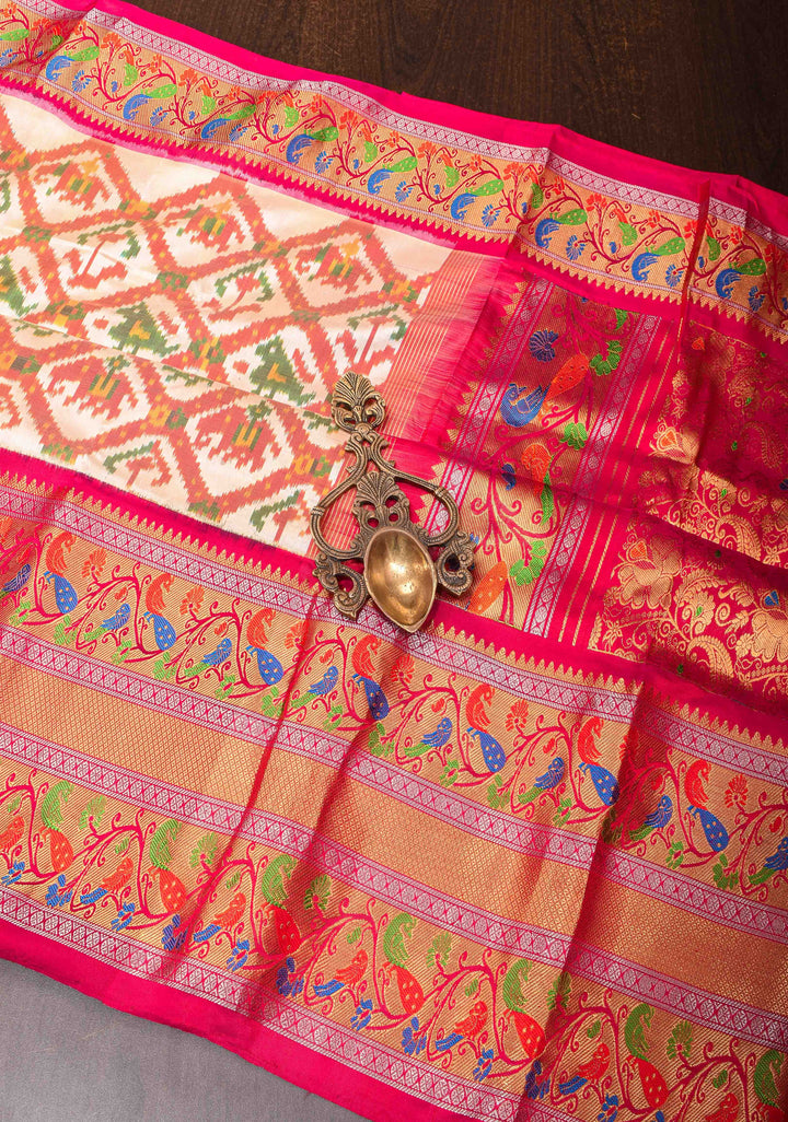 Off White Exquisite Ikkat Patola Kanjivaram Saree with Paithani Style Wide Zari Border | SILK MARK CERTIFIED