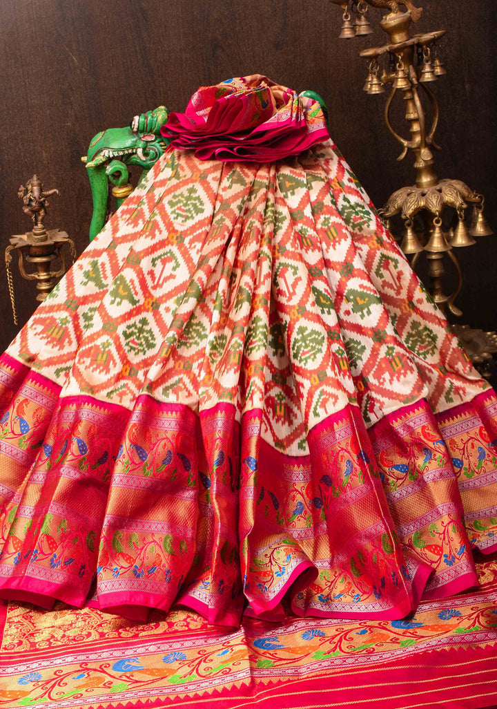 Off White Exquisite Ikkat Patola Kanjivaram Saree with Paithani Style Wide Zari Border | SILK MARK CERTIFIED