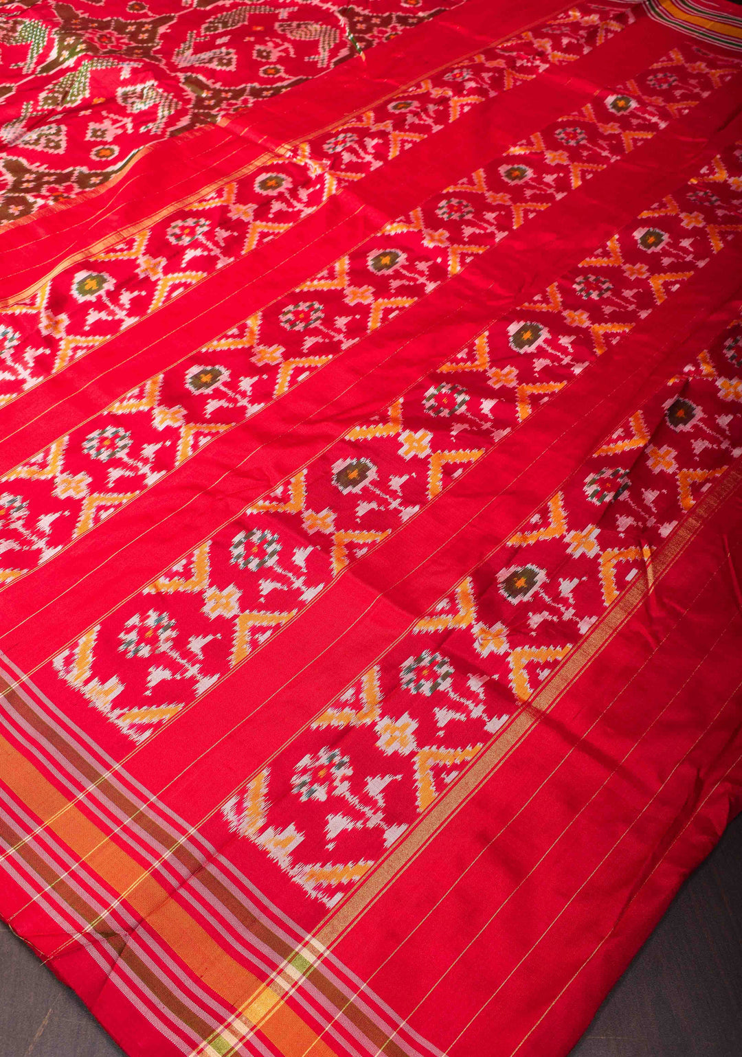 Fish design Exquisite Ikkat Patola Pure Silk saree in Red with border I SILK MARK CERTIFIED
