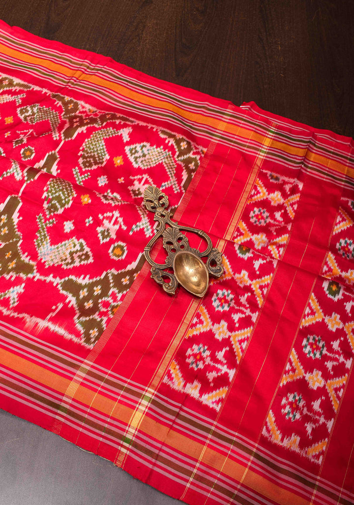 Fish design Exquisite Ikkat Patola Pure Silk saree in Red with border I SILK MARK CERTIFIED