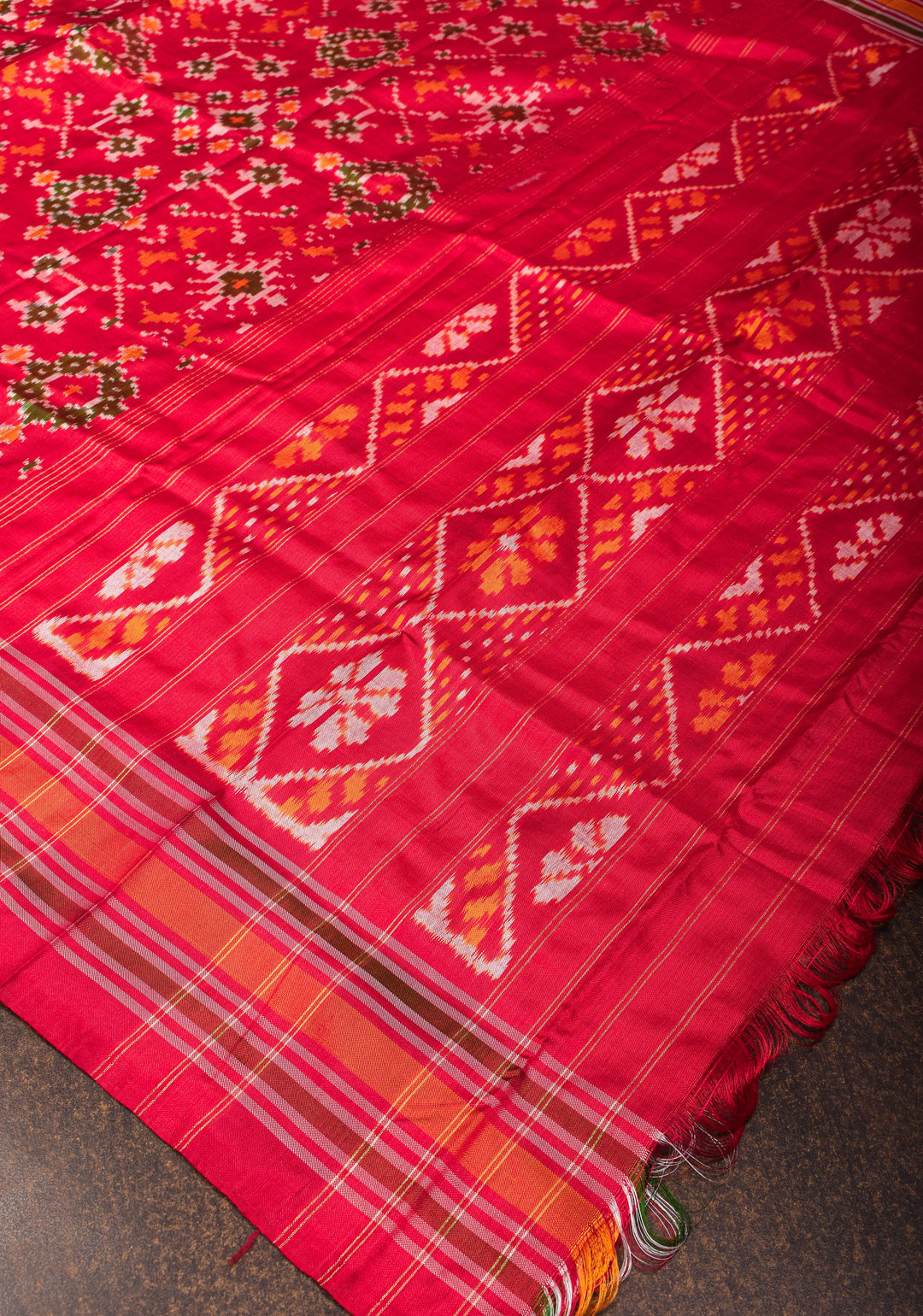 Dupatta : Red Ikkat Patola Design Pure Silk Dupatta with handmade tassels I SILK MARK CERTIFIED