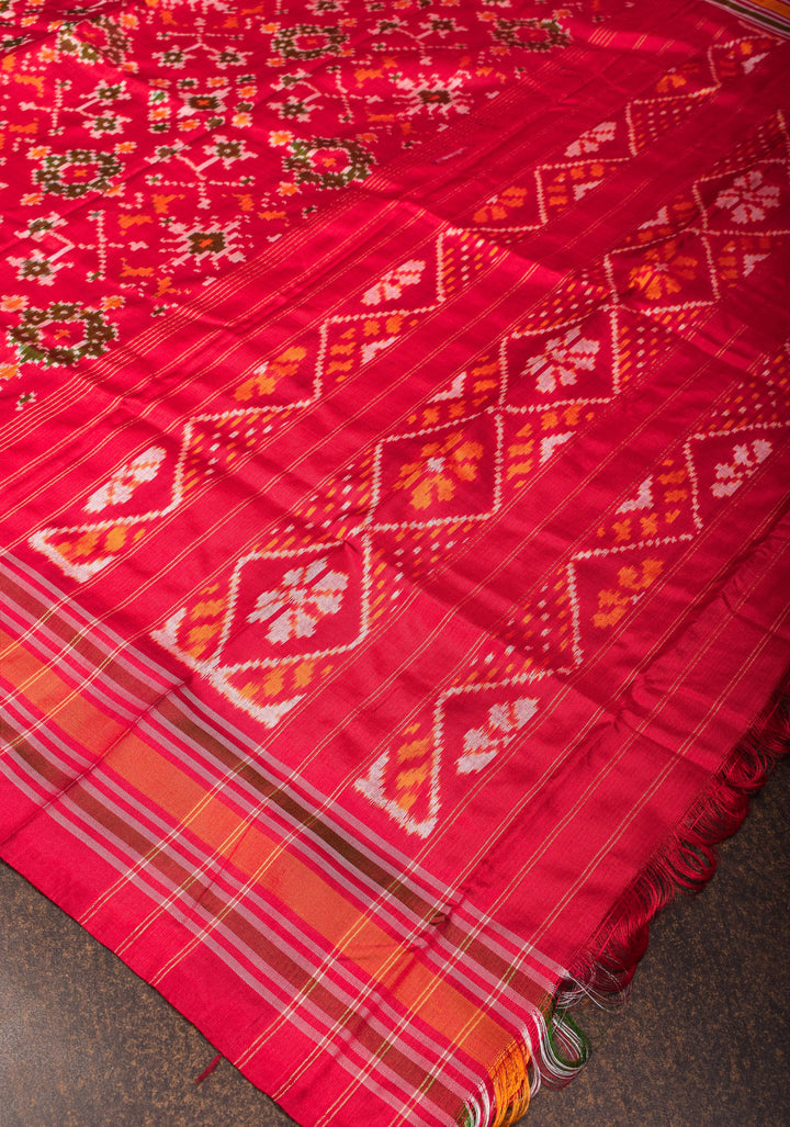 Dupatta : Red Ikkat Patola Design Pure Silk Dupatta with handmade tassels I SILK MARK CERTIFIED