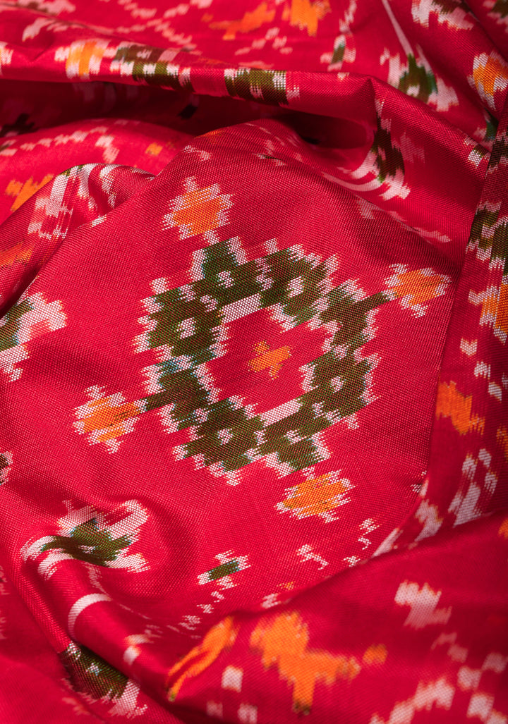 Dupatta : Red Ikkat Patola Design Pure Silk Dupatta with handmade tassels I SILK MARK CERTIFIED